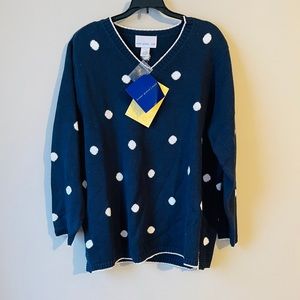 Susan Graver Navy Polka Dot Knit V Neck Sweater